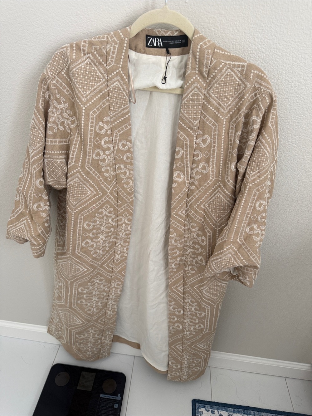 Zara Tan Embroidered Open-Front Coatigan